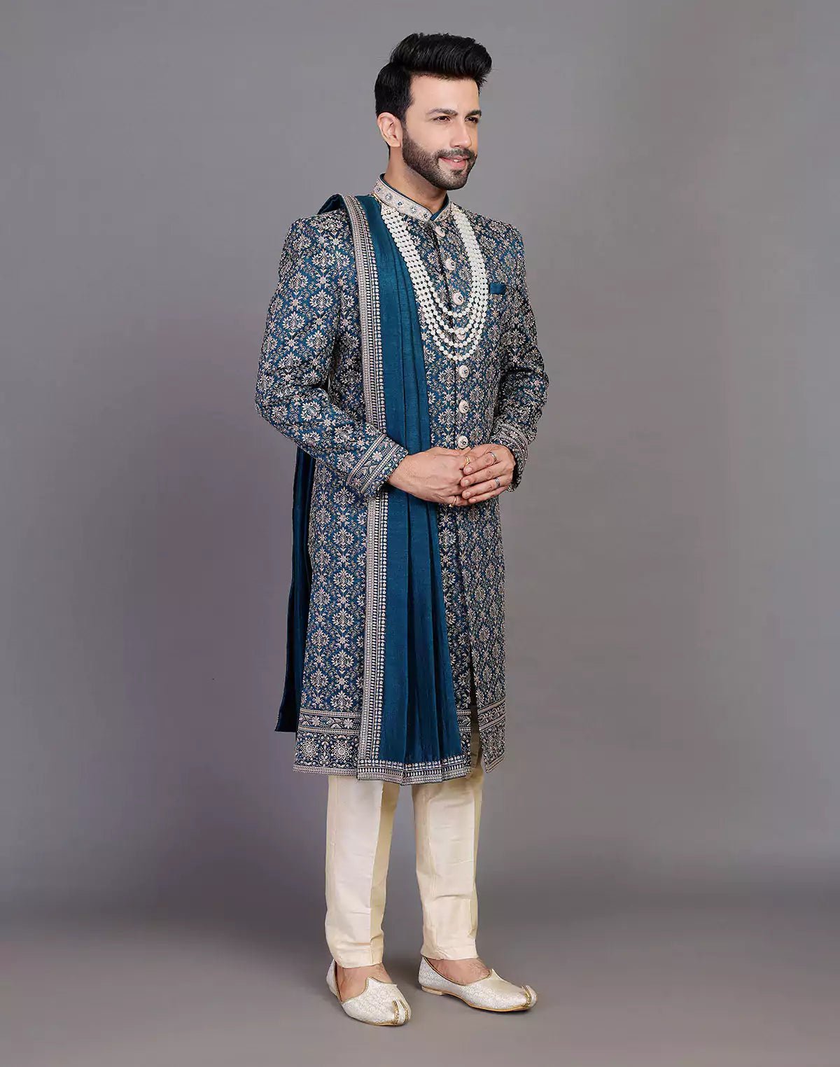 Image of All Over Thread Embroidery Work Navy Blue Raw Silk Indo Western Set With Dupatta - South India Shopping Mall