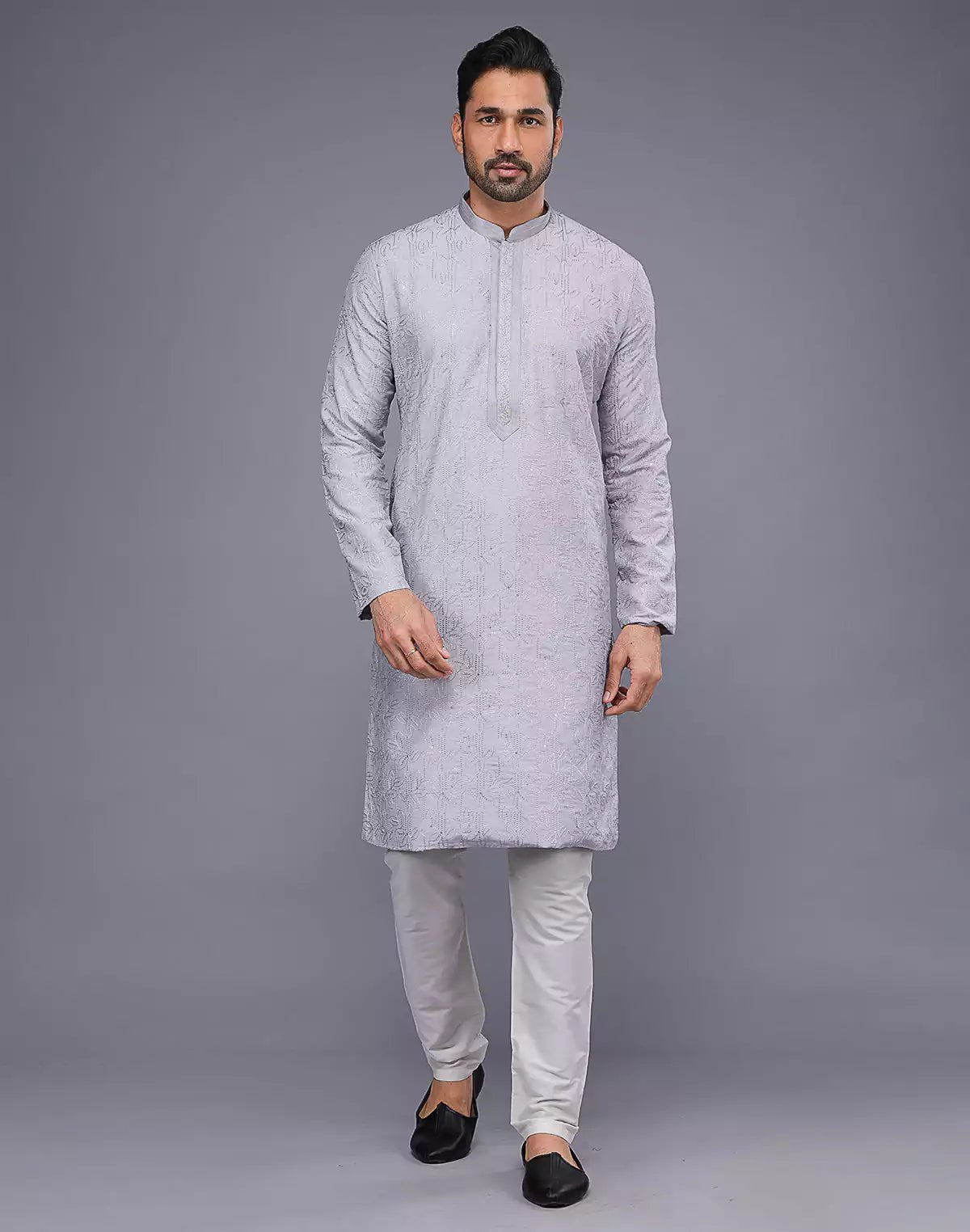 Image of All Over Thread Work Soft Silk Grey Color Kurta Set - South India Shopping Mall