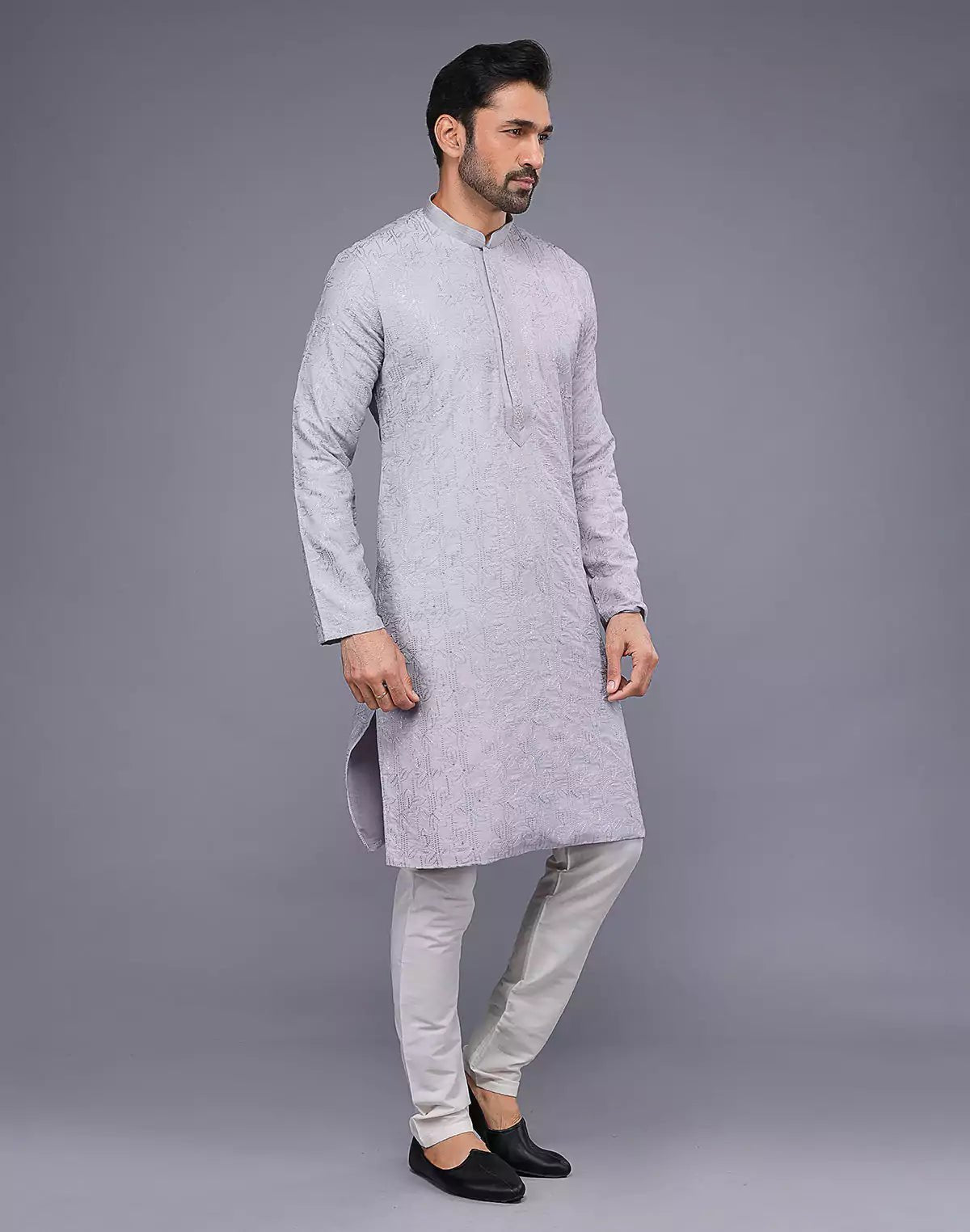 Image of All Over Thread Work Soft Silk Grey Color Kurta Set - South India Shopping Mall
