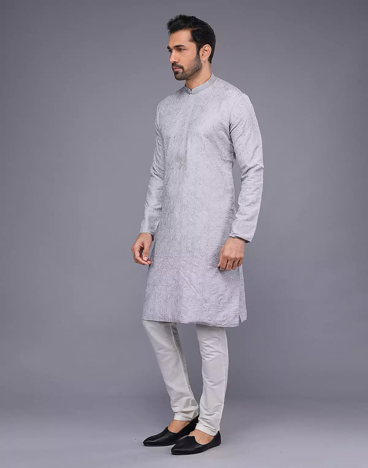 Image of All Over Thread Work Soft Silk Grey Color Kurta Set - South India Shopping Mall
