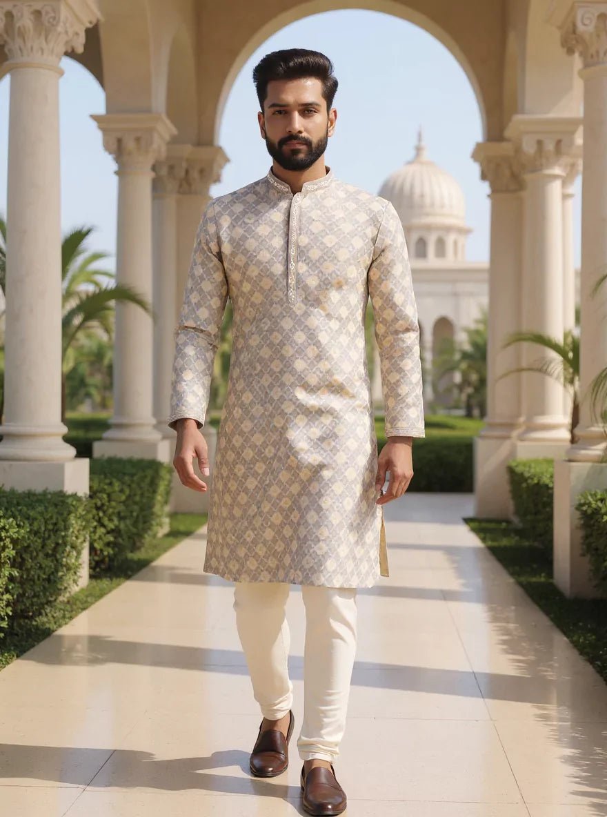 Image of All Over Weaving with Zari Butta's Raw Silk Grey Kurta Pyjama - South India Shopping Mall