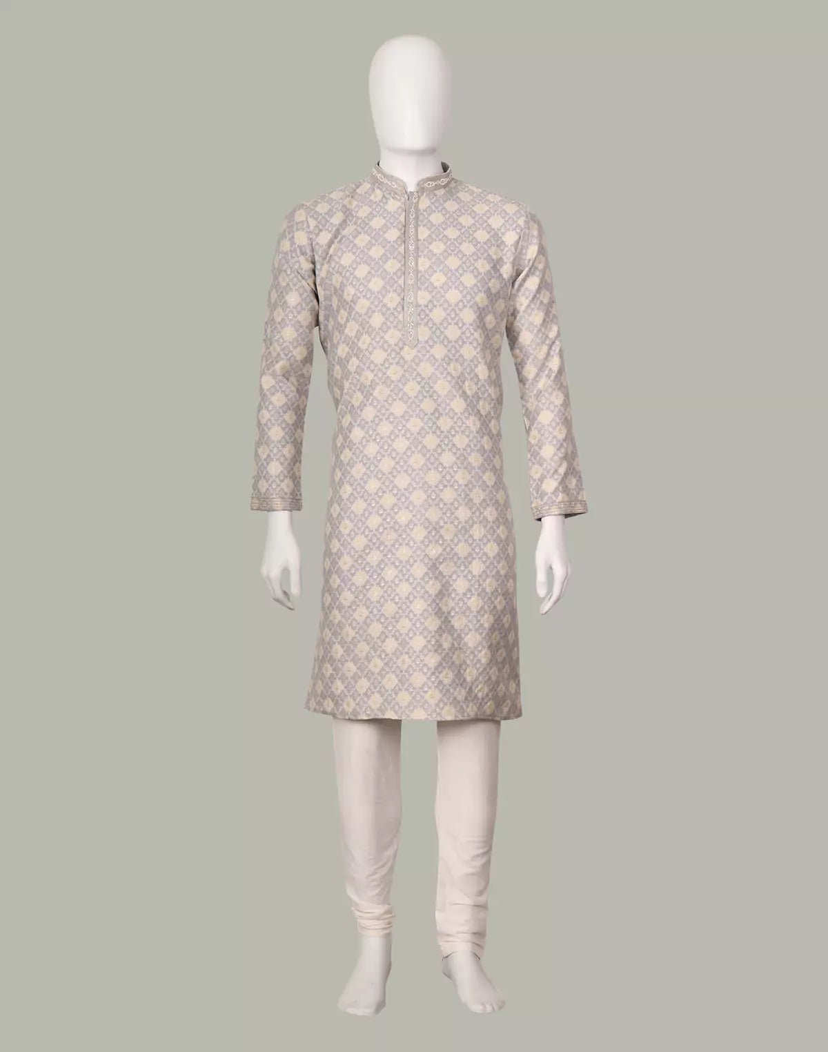 Image of All Over Weaving with Zari Butta's Raw Silk Grey Kurta Pyjama - South India Shopping Mall