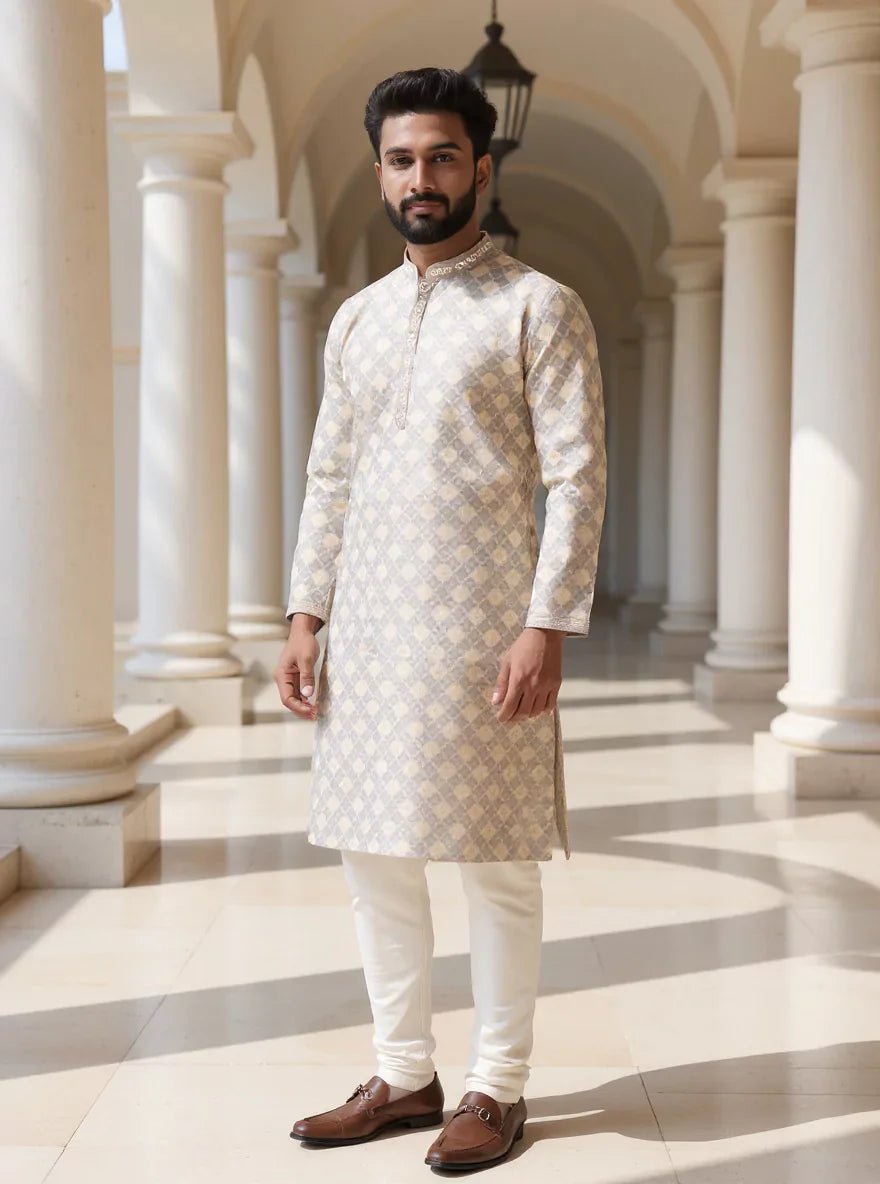 Image of All Over Weaving with Zari Butta's Raw Silk Grey Kurta Pyjama - South India Shopping Mall