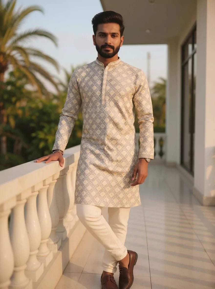 Image of All Over Weaving with Zari Butta's Raw Silk Grey Kurta Pyjama - South India Shopping Mall