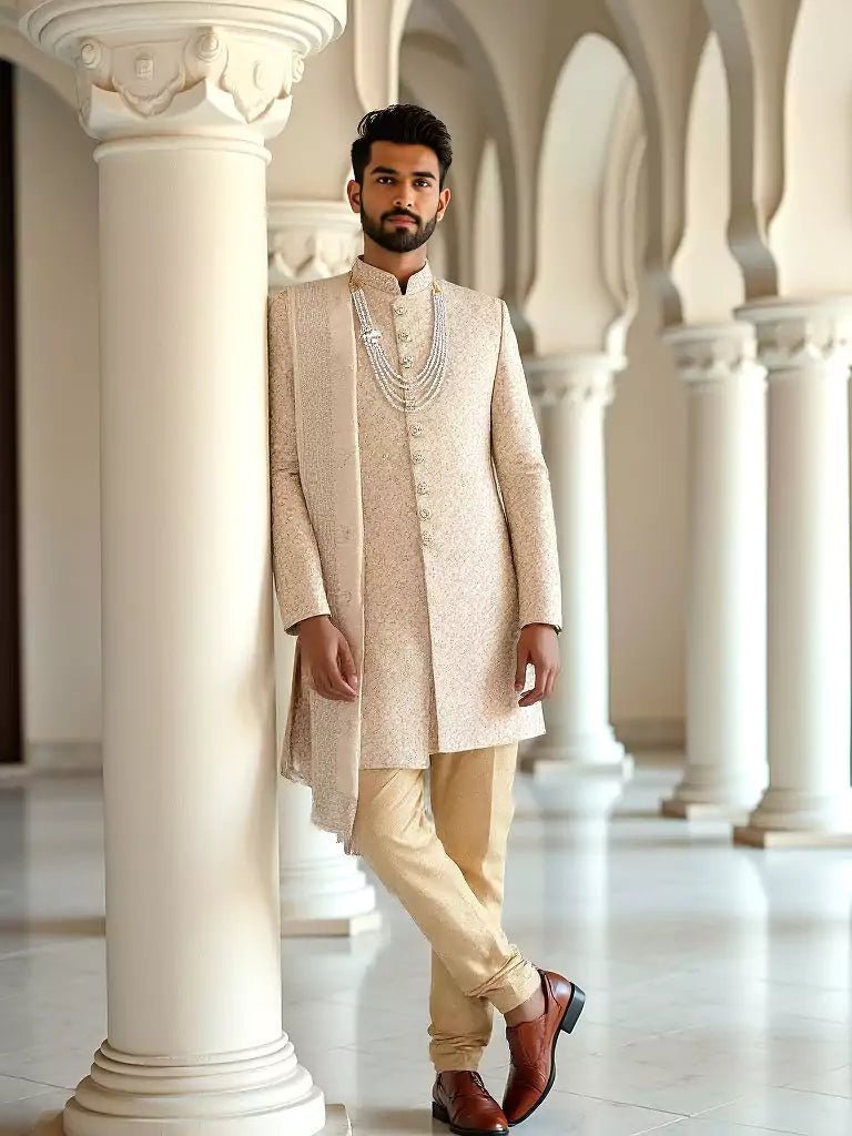 Image of Antique Gold Zari and Stones work Tussar Sherwani with Dupatta - South India Shopping Mall