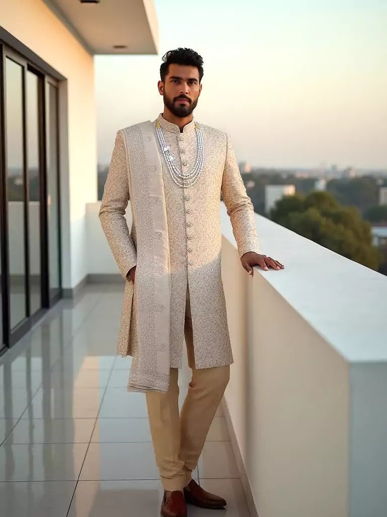 Image of Antique Gold Zari and Stones work Tussar Sherwani with Dupatta - South India Shopping Mall