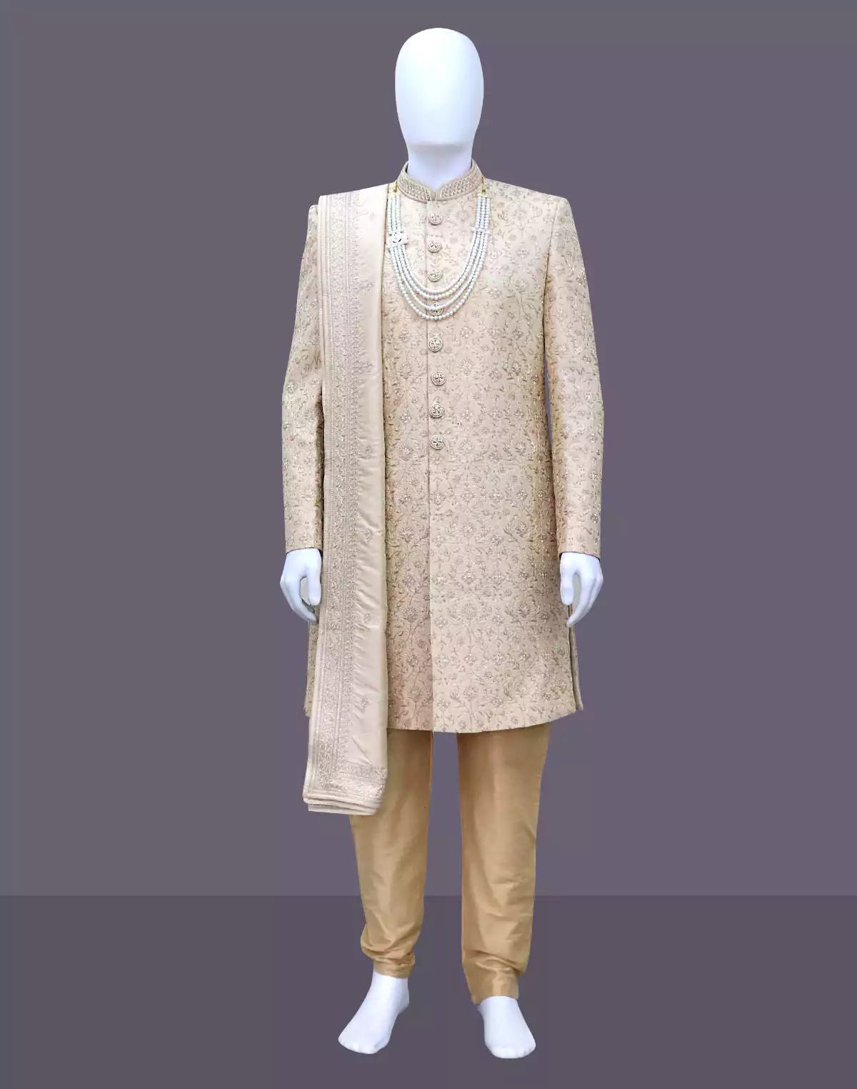Antique Gold Zari and Stones work Tussar Sherwani with Dupatta - South India Shopping Mall