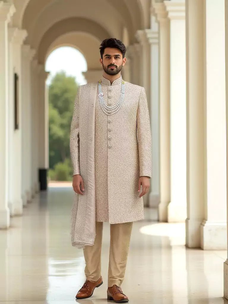 Image of Antique Gold Zari and Stones work Tussar Sherwani with Dupatta - South India Shopping Mall