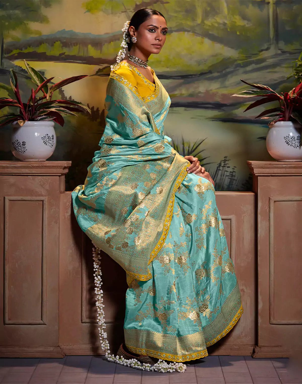 Image of Aqua Blue Pure Dola Silk Floral Saree With Fancy Lace Border and Embroidery Work Blouse - South India Shopping Mall