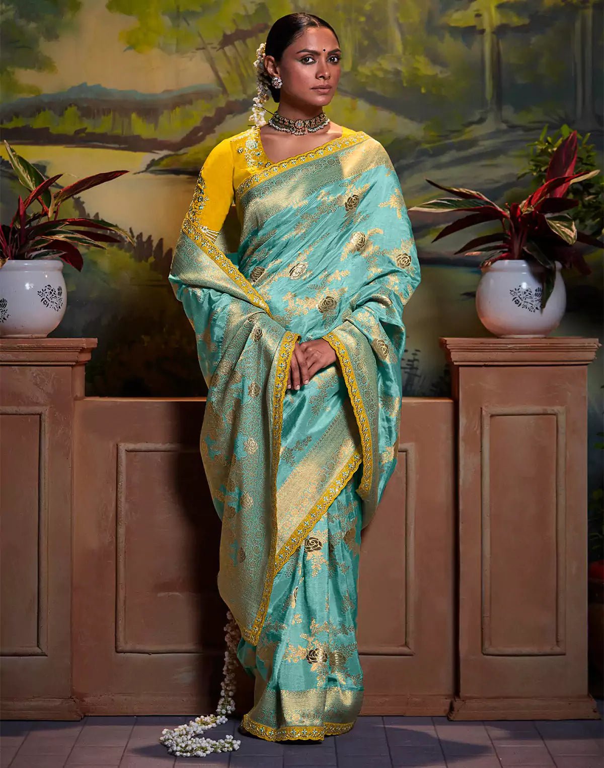 Image of Aqua Blue Pure Dola Silk Floral Saree With Fancy Lace Border and Embroidery Work Blouse - South India Shopping Mall
