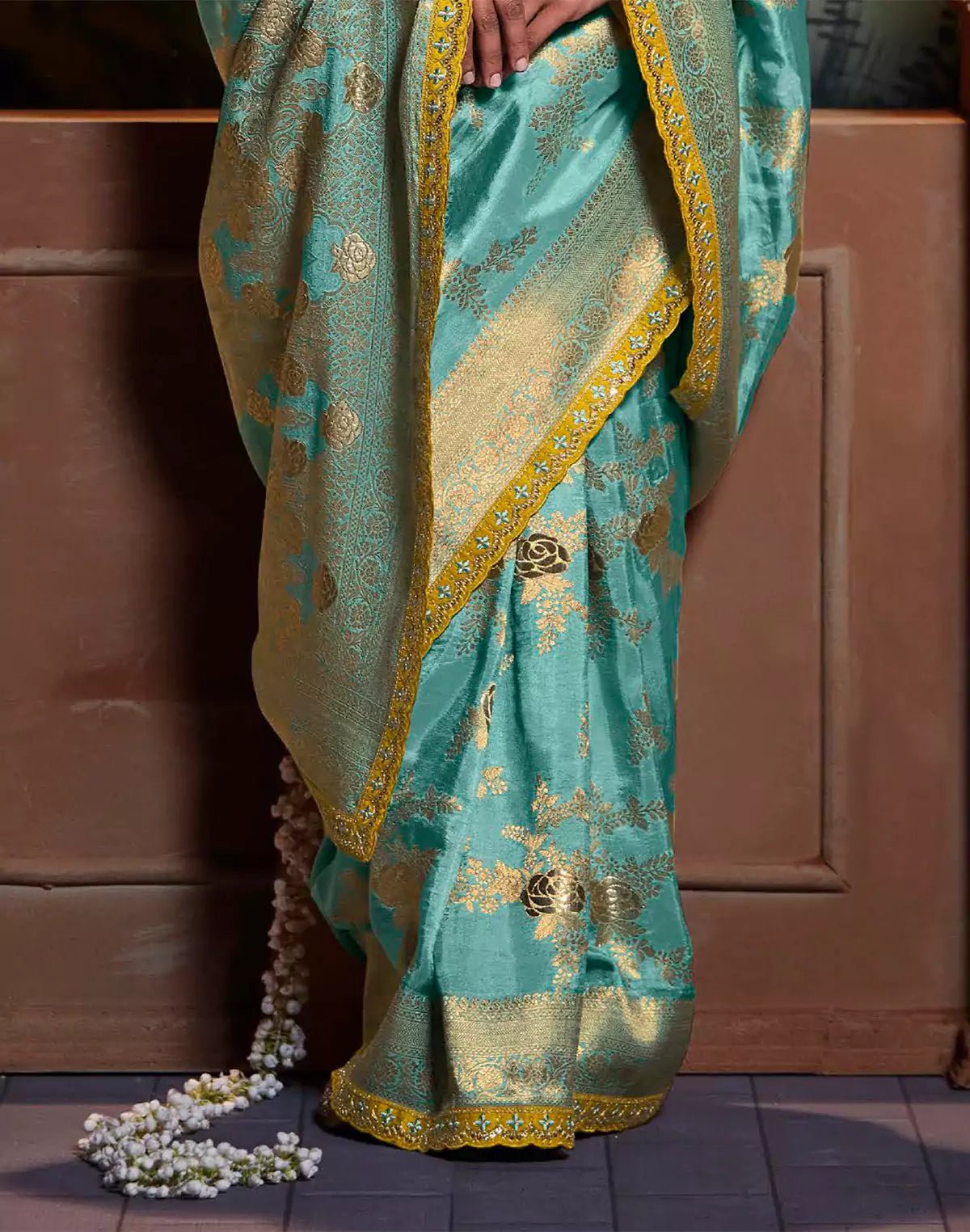 Image of Aqua Blue Pure Dola Silk Floral Saree With Fancy Lace Border and Embroidery Work Blouse - South India Shopping Mall