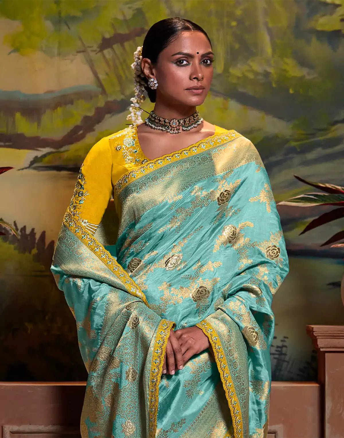 Image of Aqua Blue Pure Dola Silk Floral Saree With Fancy Lace Border and Embroidery Work Blouse - South India Shopping Mall