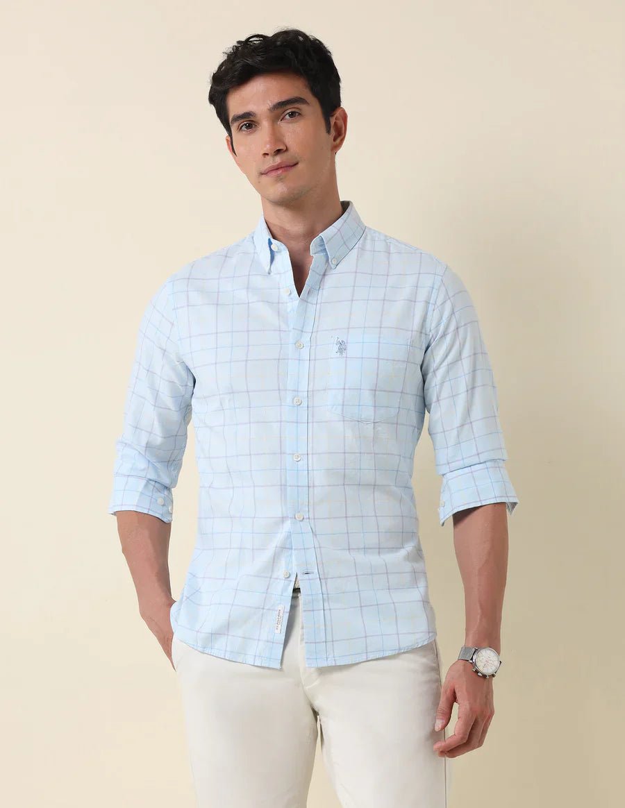 Image of Aqua Blue Tailored Fit Cotton Checks Shirt - South India Shopping Mall