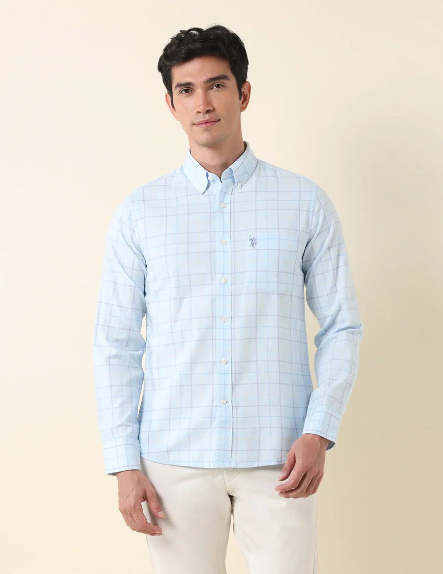 Image of Aqua Blue Tailored Fit Cotton Checks Shirt - South India Shopping Mall