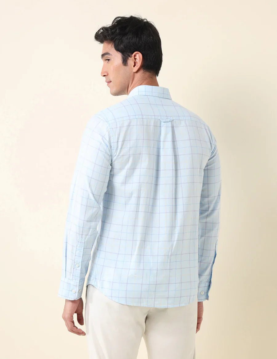 Image of Aqua Blue Tailored Fit Cotton Checks Shirt - South India Shopping Mall