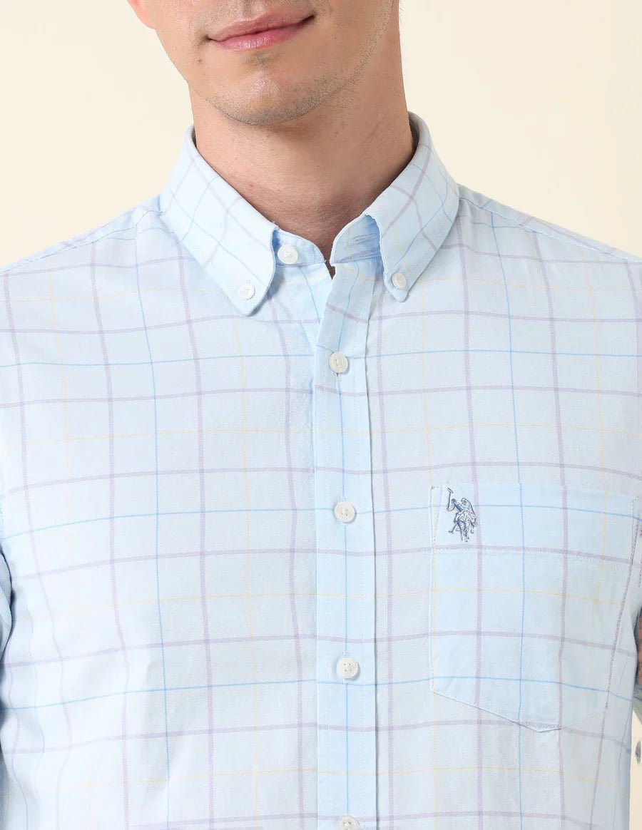 Image of Aqua Blue Tailored Fit Cotton Checks Shirt - South India Shopping Mall
