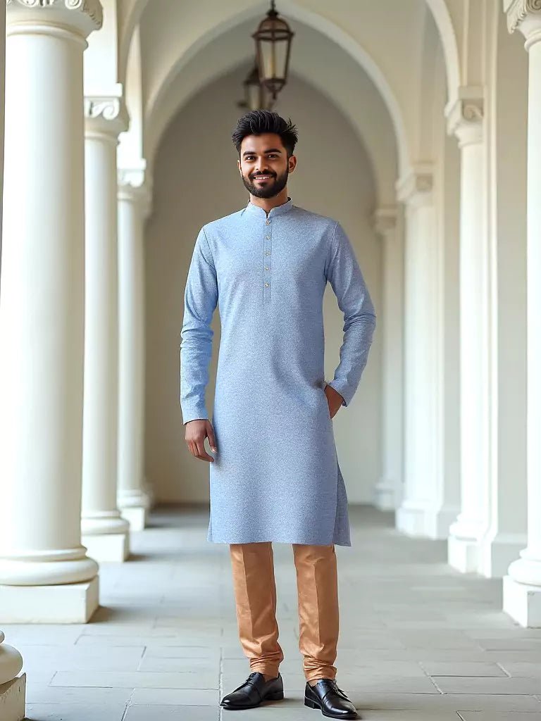Image of Aqua Blue Woven Design Jacquard Kurta with Pyjamas - South India Shopping Mall