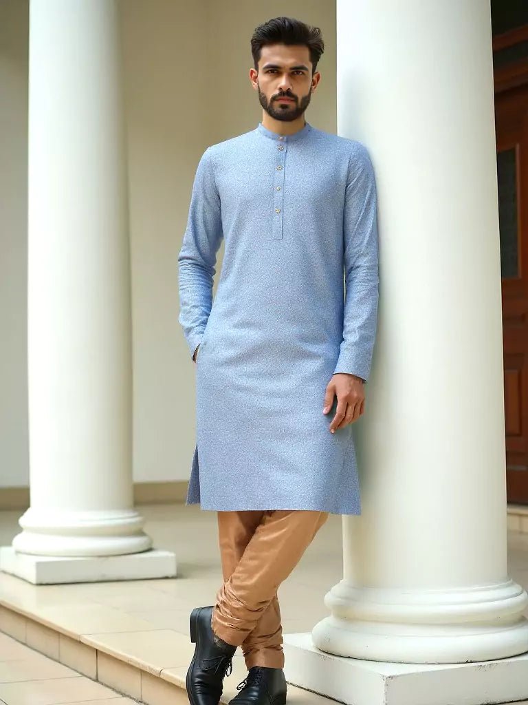 Image of Aqua Blue Woven Design Jacquard Kurta with Pyjamas - South India Shopping Mall