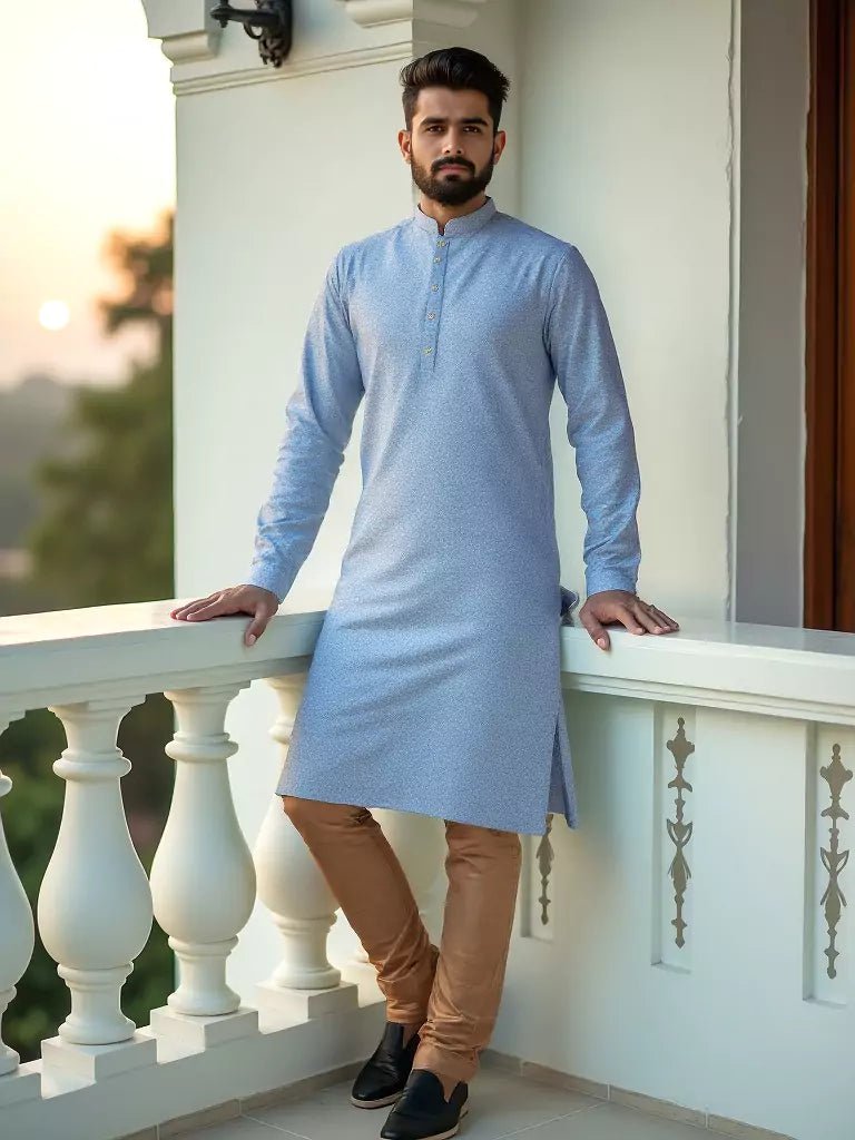 Image of Aqua Blue Woven Design Jacquard Kurta with Pyjamas - South India Shopping Mall