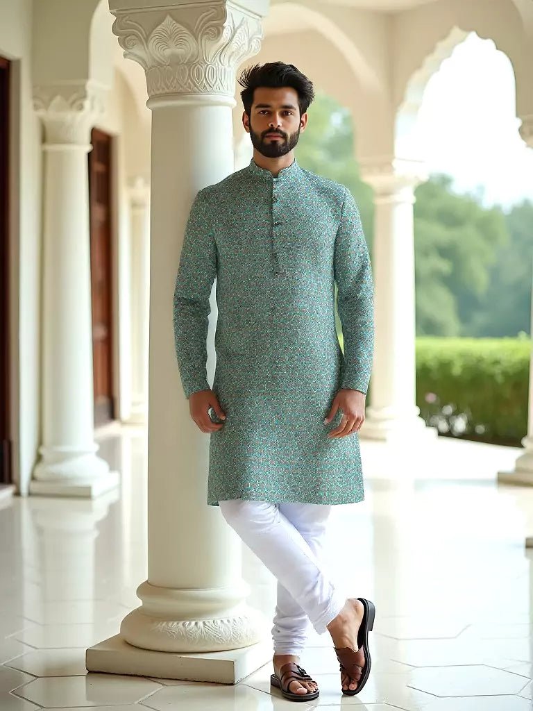 Image of Aqua Green Cotton Floral Printed Kurta - South India Shopping Mall