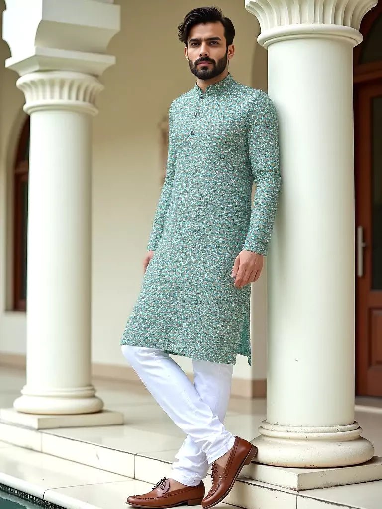 Image of Aqua Green Cotton Floral Printed Kurta - South India Shopping Mall