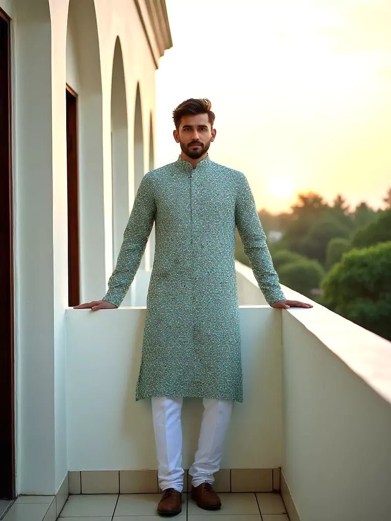 Image of Aqua Green Cotton Floral Printed Kurta - South India Shopping Mall