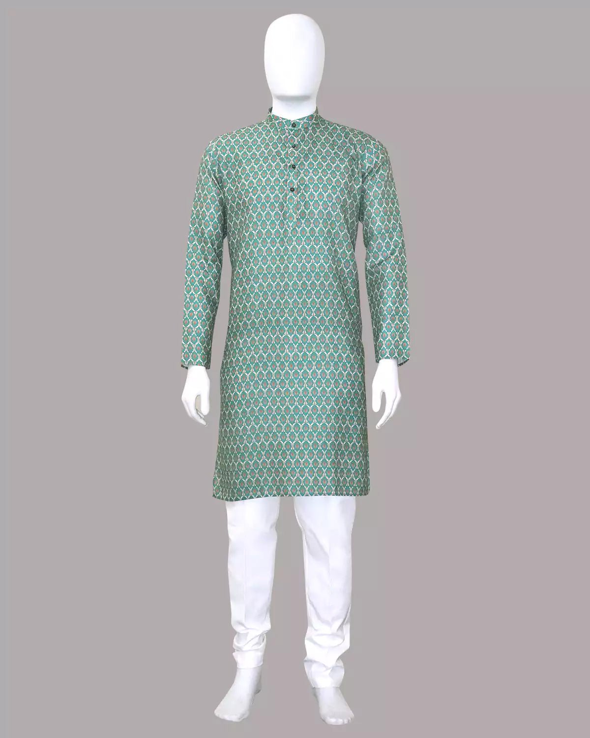 Image of Aqua Green Cotton Floral Printed Kurta - South India Shopping Mall