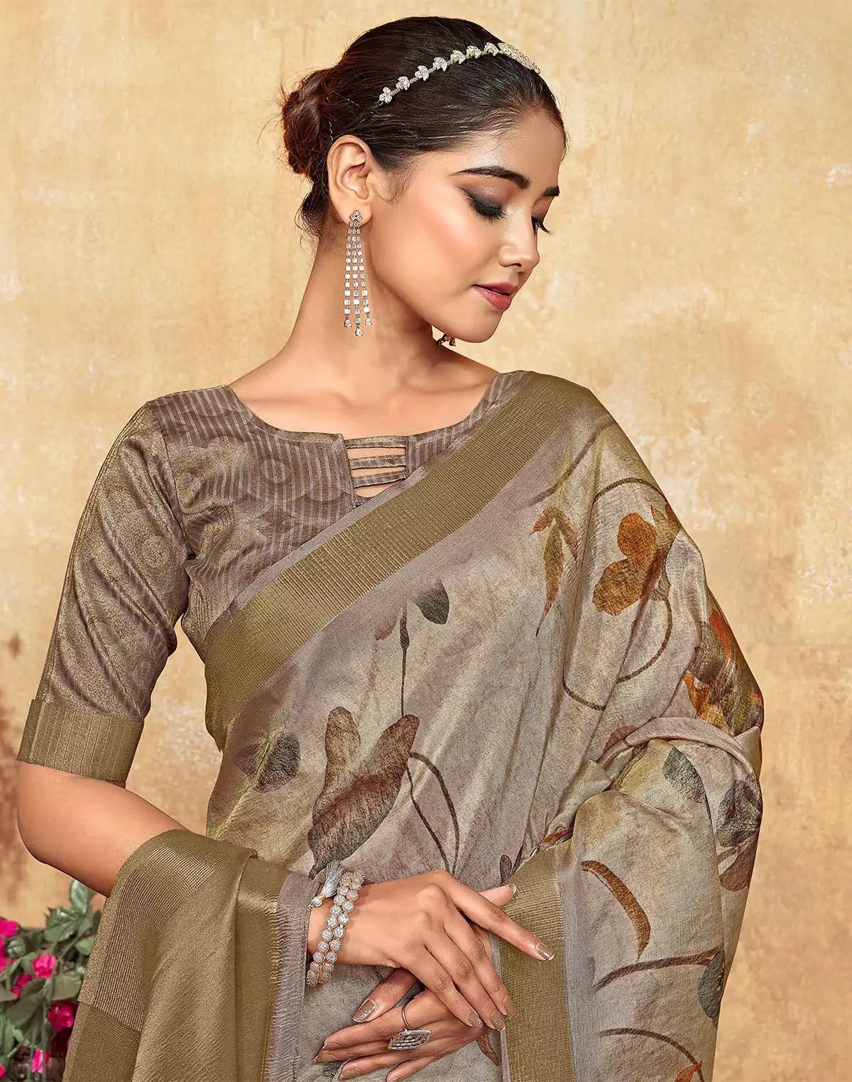 Image of Ash Coloured Dola Silk Saree With Short Pallu - South India Shopping Mall
