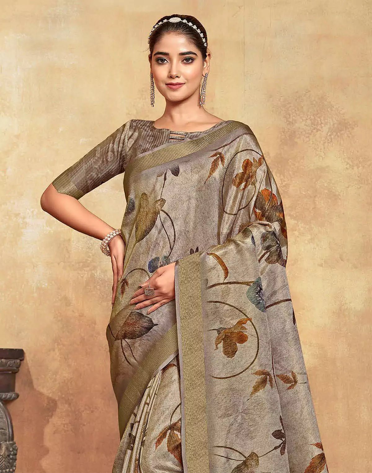 Image of Ash Coloured Dola Silk Saree With Short Pallu - South India Shopping Mall