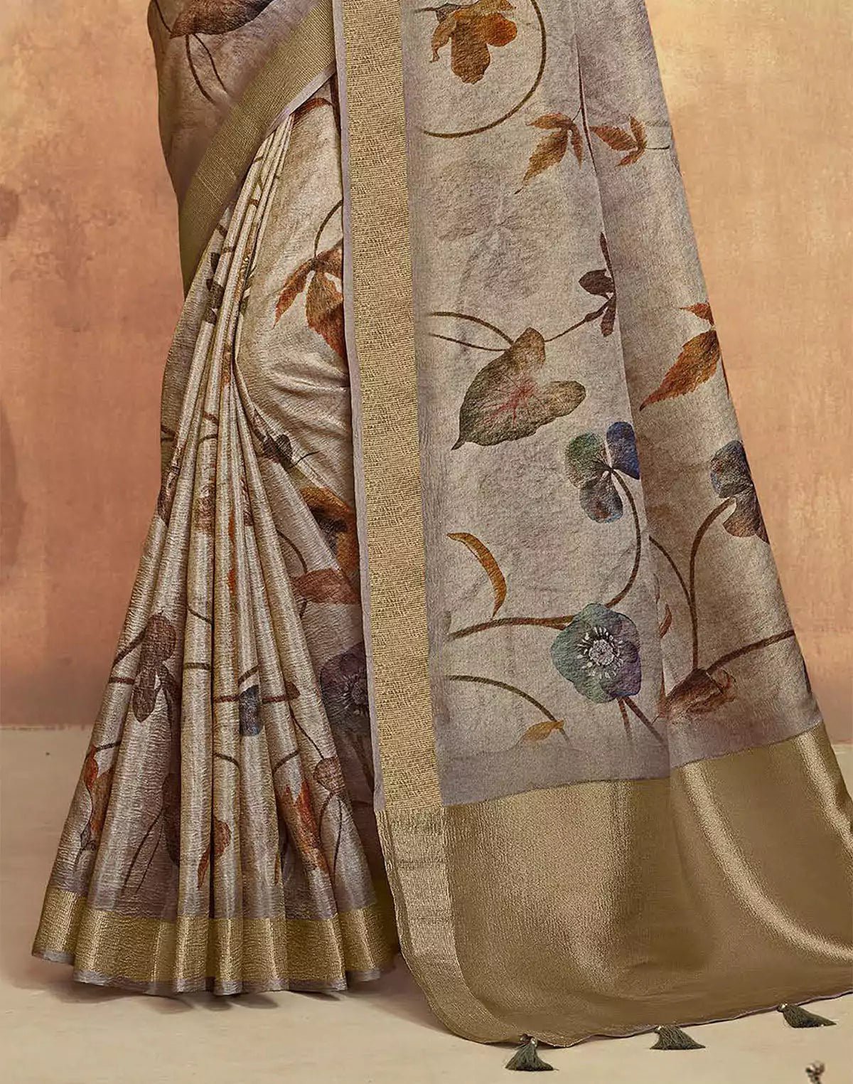 Image of Ash Coloured Dola Silk Saree With Short Pallu - South India Shopping Mall