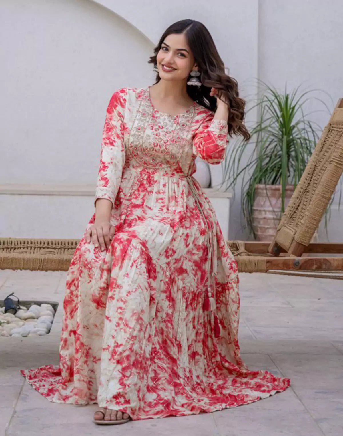 Image of Attractive Peach Coloured Shibori Pattern Fully Flared Rayon Kurti - South India Shopping Mall