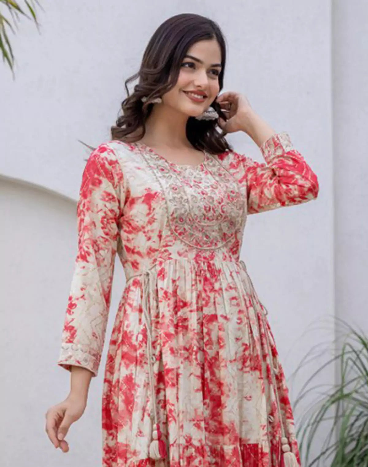 Image of Attractive Peach Coloured Shibori Pattern Fully Flared Rayon Kurti - South India Shopping Mall