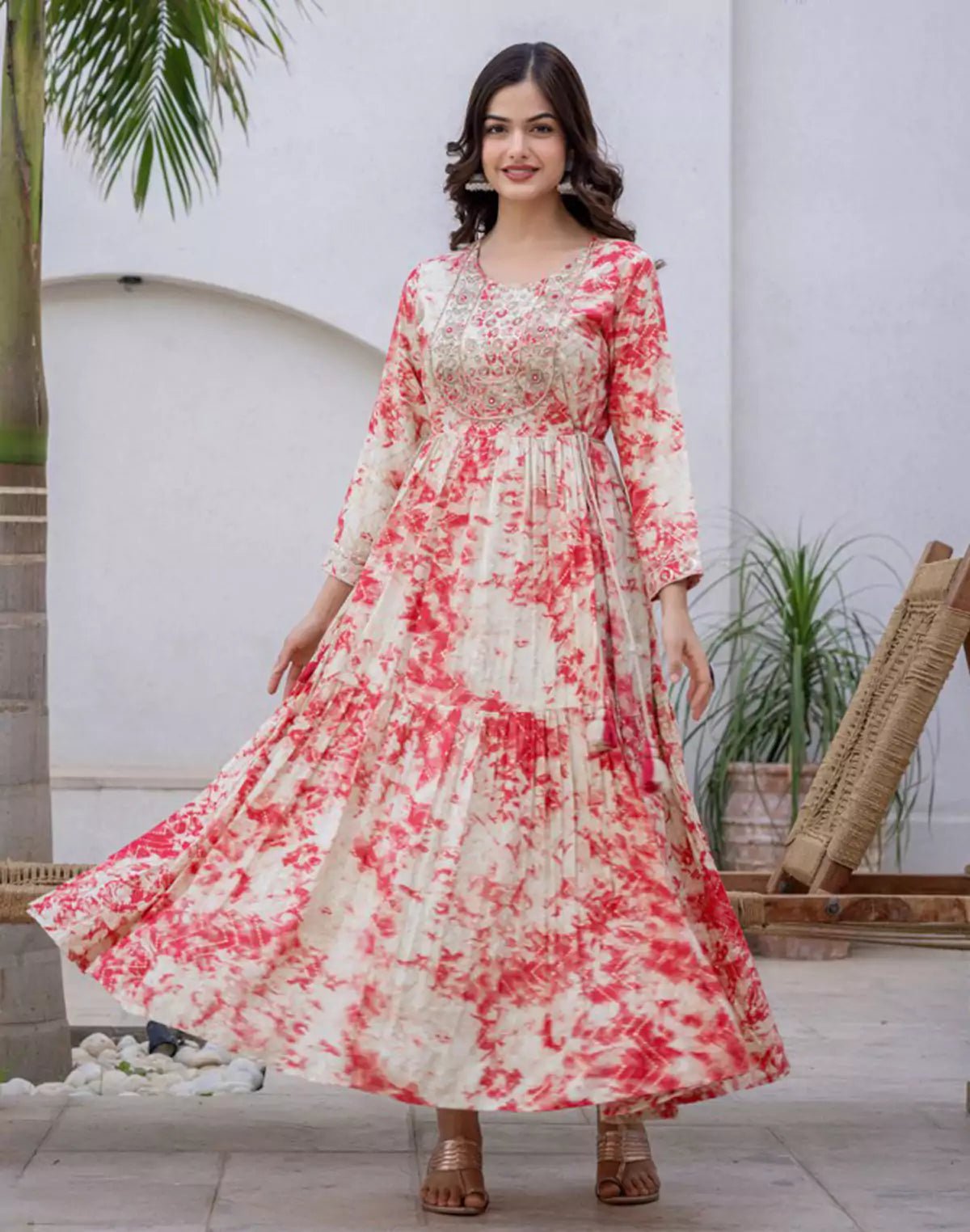 Image of Attractive Peach Coloured Shibori Pattern Fully Flared Rayon Kurti - South India Shopping Mall