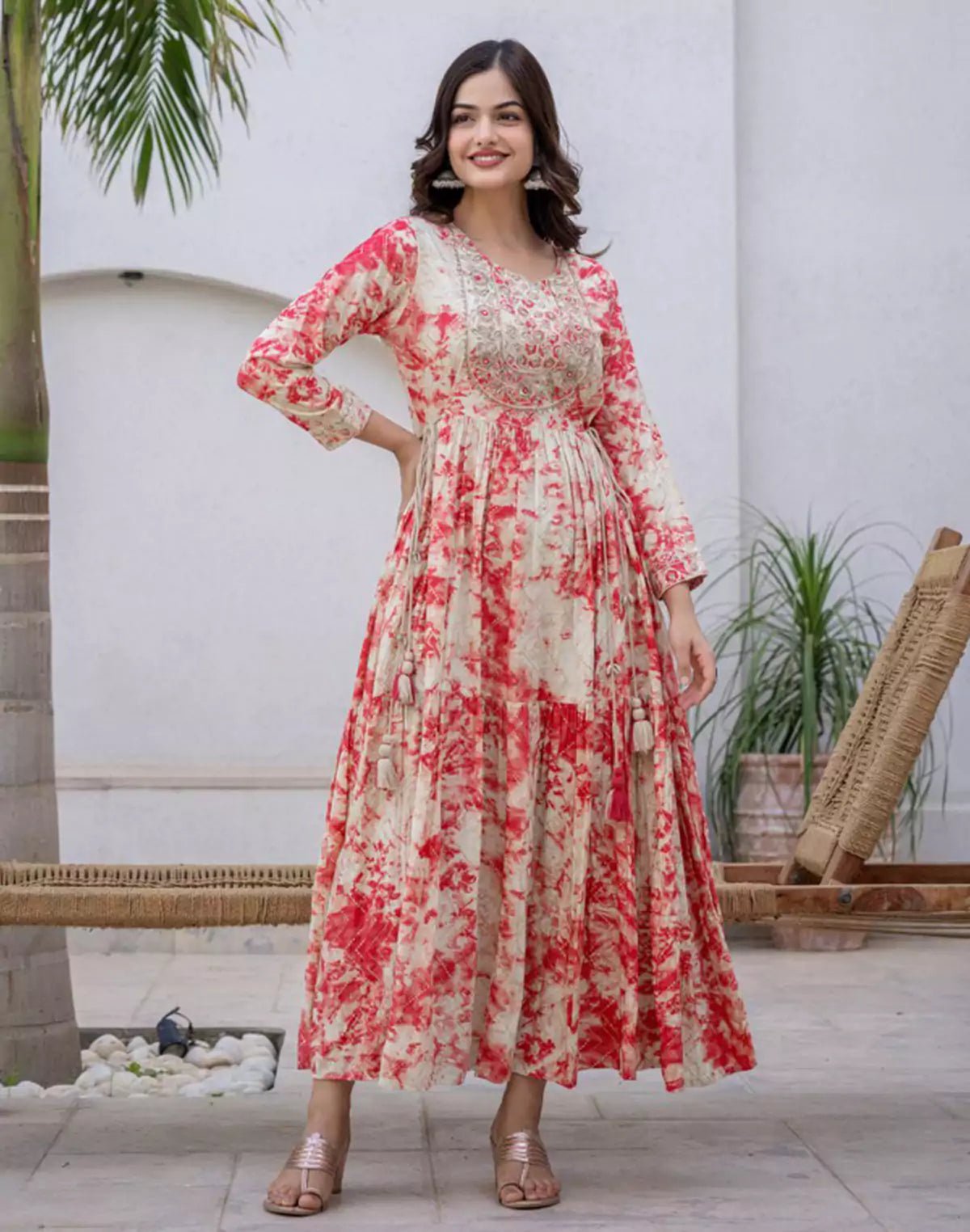 Image of Attractive Peach Coloured Shibori Pattern Fully Flared Rayon Kurti - South India Shopping Mall