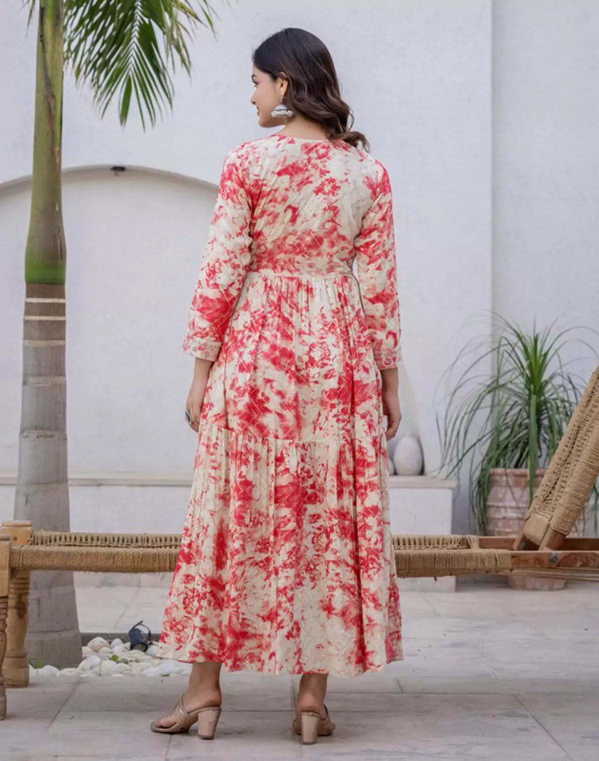 Image of Attractive Peach Coloured Shibori Pattern Fully Flared Rayon Kurti - South India Shopping Mall