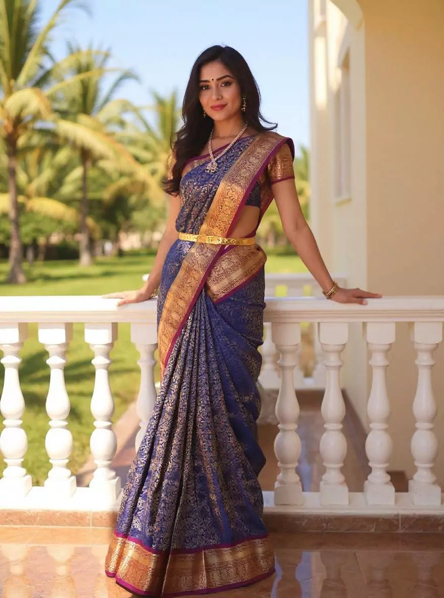 Image of Beautiful Navy Blue Golden Floral Zari Contrast Kanchi Pattu Saree - South India Shopping Mall