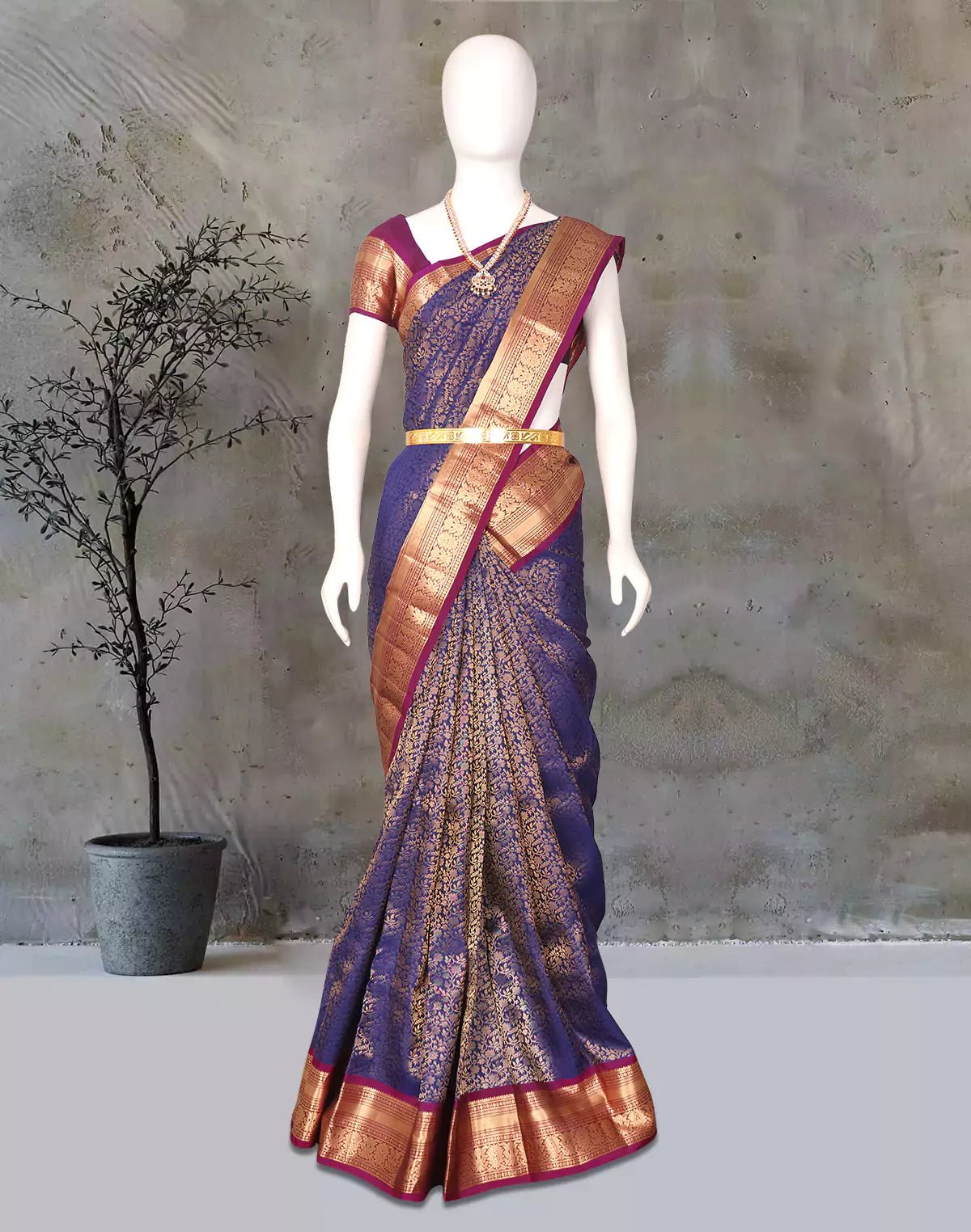 Image of Beautiful Navy Blue Golden Floral Zari Contrast Kanchi Pattu Saree - South India Shopping Mall