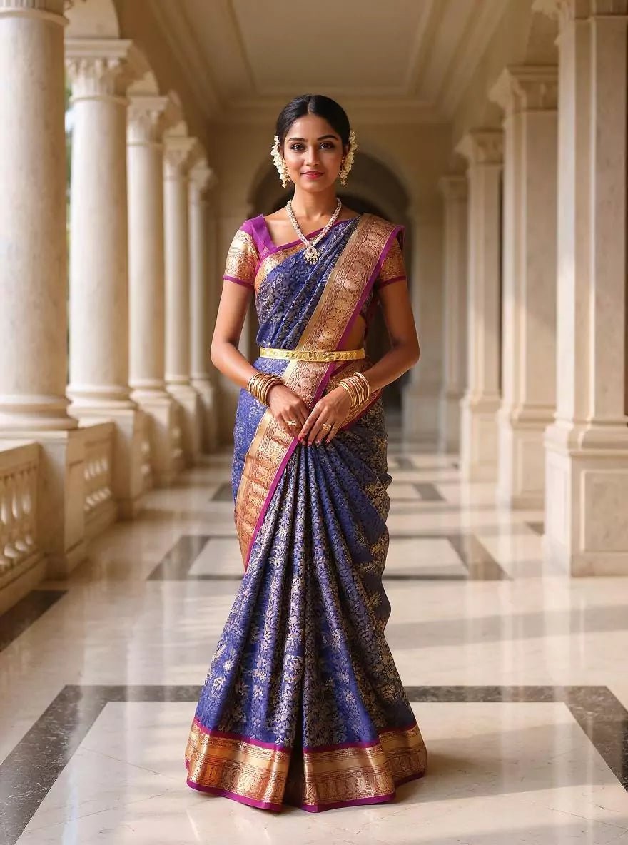Image of Beautiful Navy Blue Golden Floral Zari Contrast Kanchi Pattu Saree - South India Shopping Mall