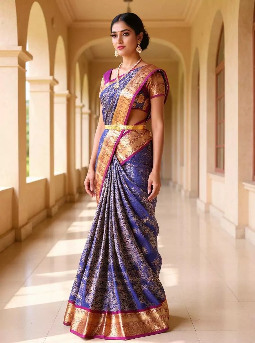 Image of Beautiful Navy Blue Golden Floral Zari Contrast Kanchi Pattu Saree - South India Shopping Mall