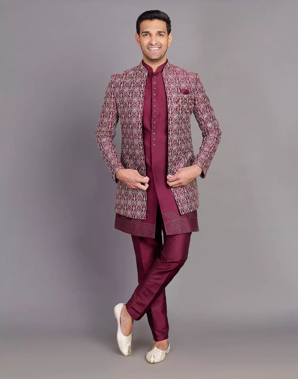 Image of Beautiful Wine Coloured Floral Design Raw Silk Embroidery Work Indo - open Jacket - South India Shopping Mall