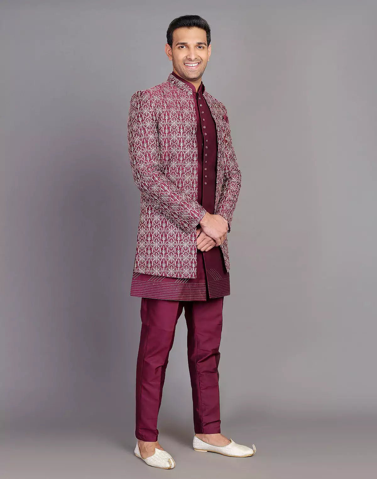 Image of Beautiful Wine Coloured Floral Design Raw Silk Embroidery Work Indo - open Jacket - South India Shopping Mall