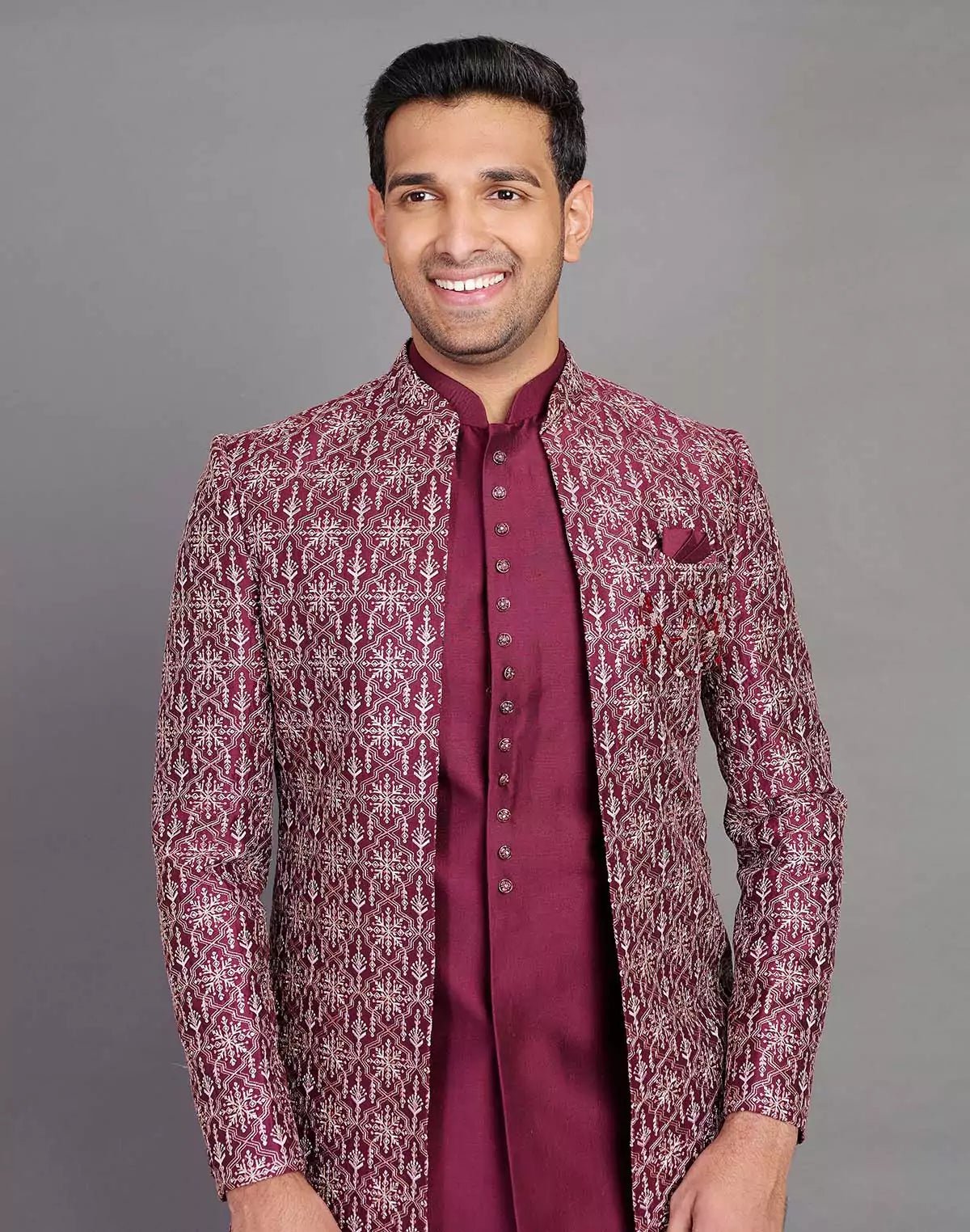 Image of Beautiful Wine Coloured Floral Design Raw Silk Embroidery Work Indo - open Jacket - South India Shopping Mall