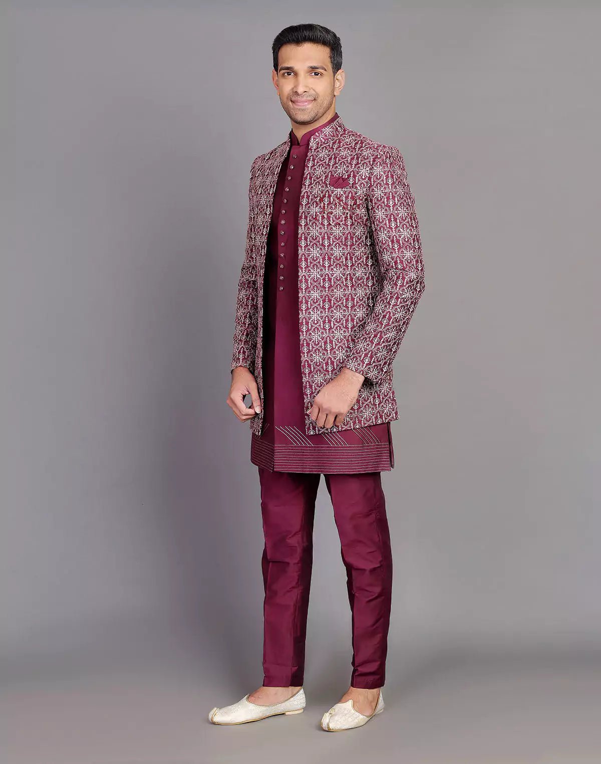Image of Beautiful Wine Coloured Floral Design Raw Silk Embroidery Work Indo - open Jacket - South India Shopping Mall