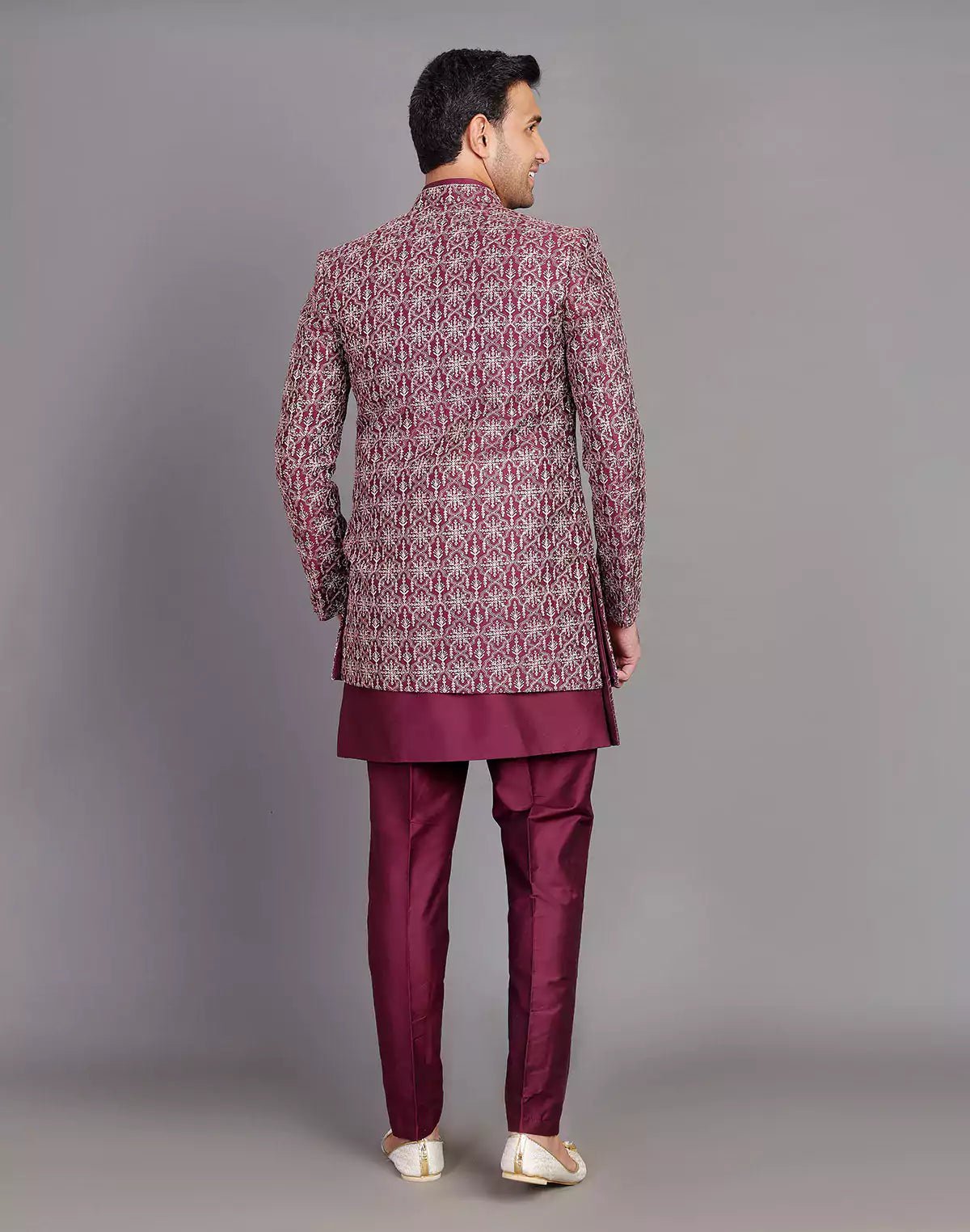 Image of Beautiful Wine Coloured Floral Design Raw Silk Embroidery Work Indo - open Jacket - South India Shopping Mall