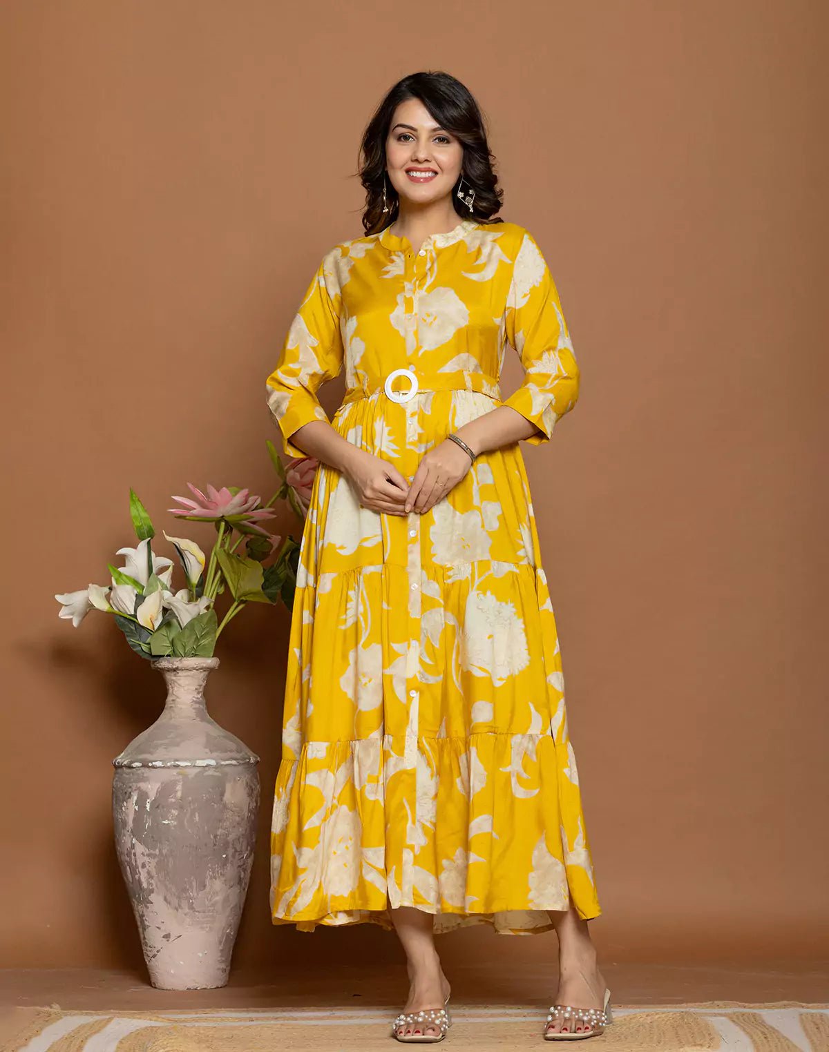 Image of Beautifully Floral Print Fully Flared Rayon Kurti with Belt - South India Shopping Mall
