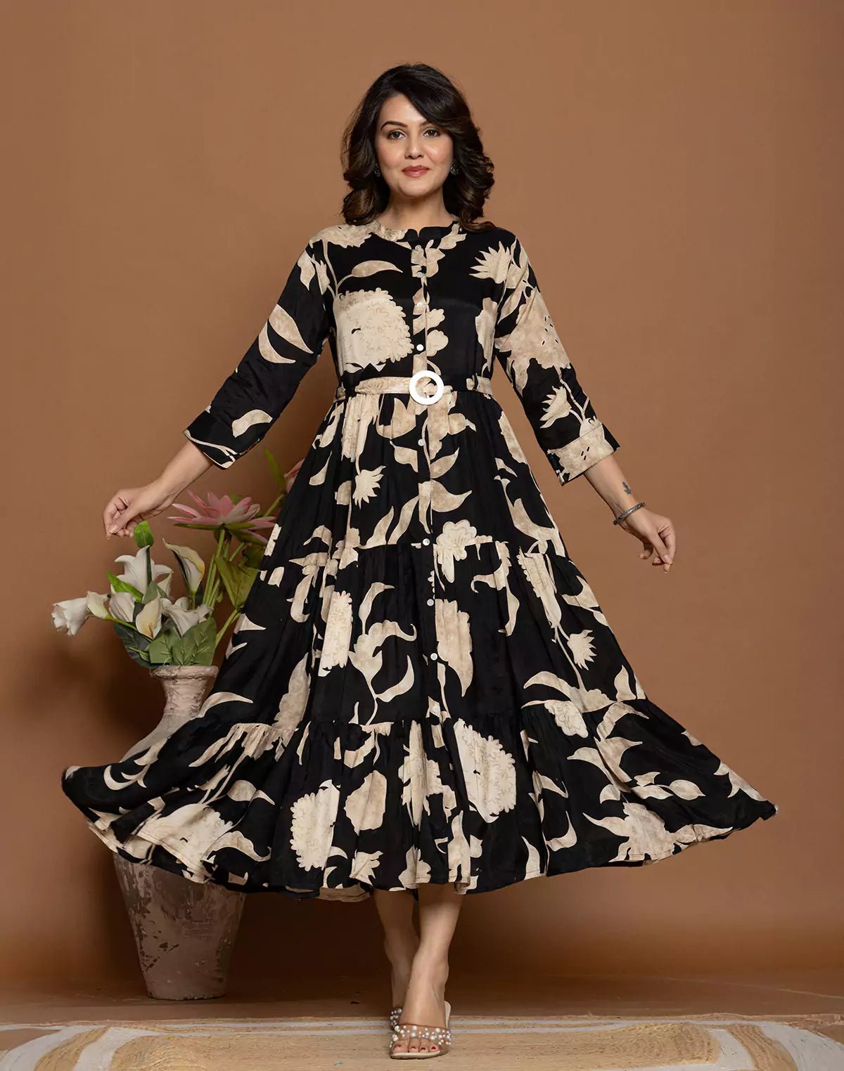 Image of Beautifully Floral Print Fully Flared Rayon Kurti with Belt - South India Shopping Mall