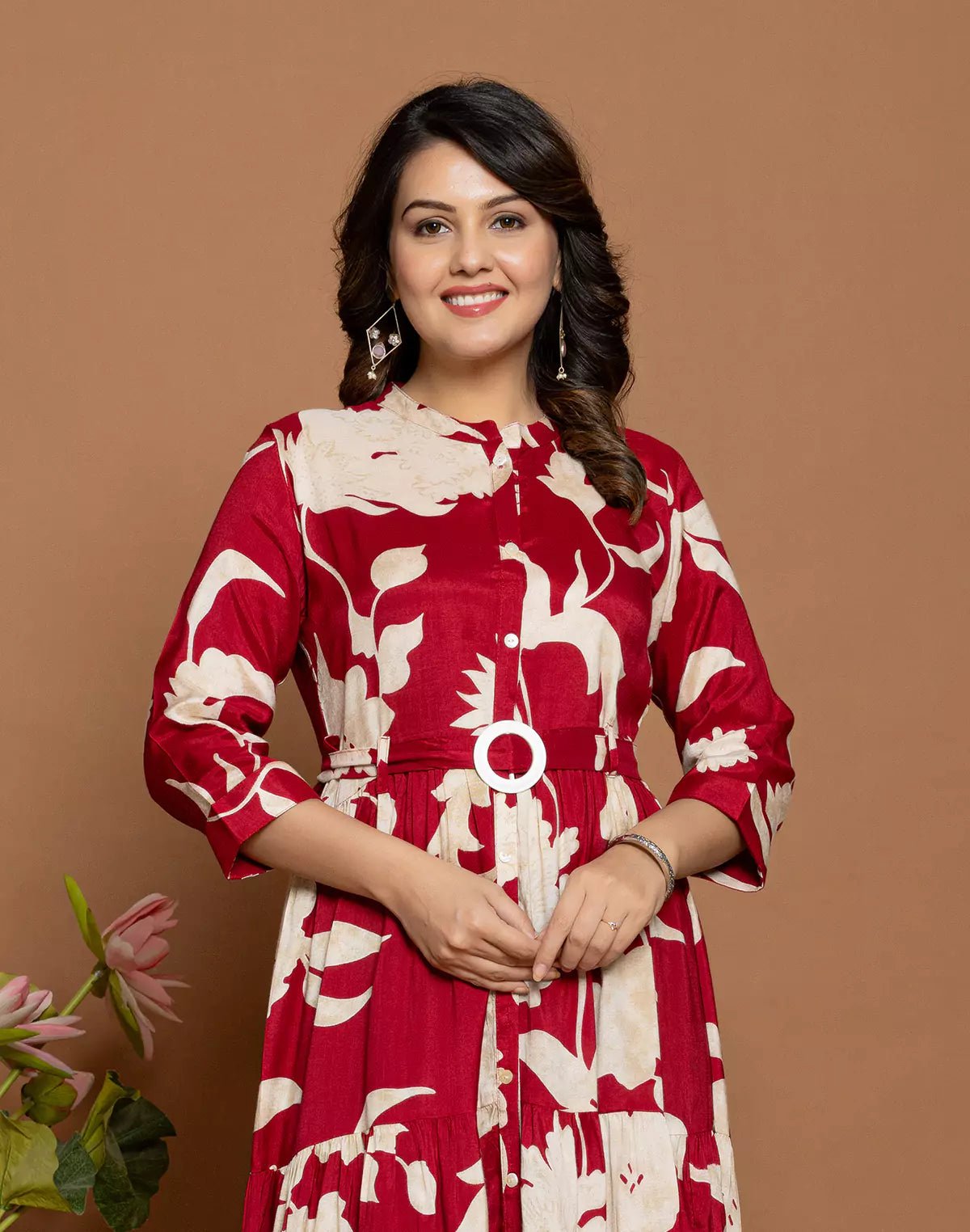 Image of Beautifully Floral Print Fully Flared Rayon Kurti with Belt - South India Shopping Mall