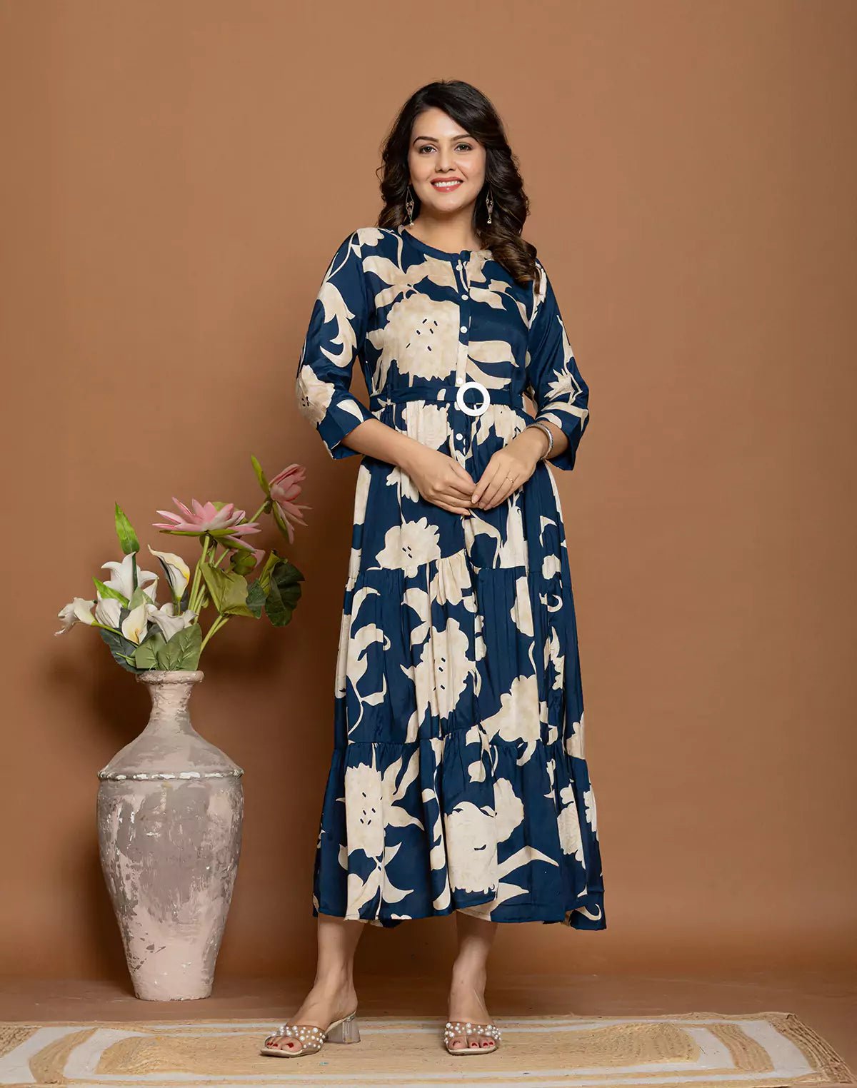 Image of Beautifully Floral Print Fully Flared Rayon Kurti with Belt - South India Shopping Mall