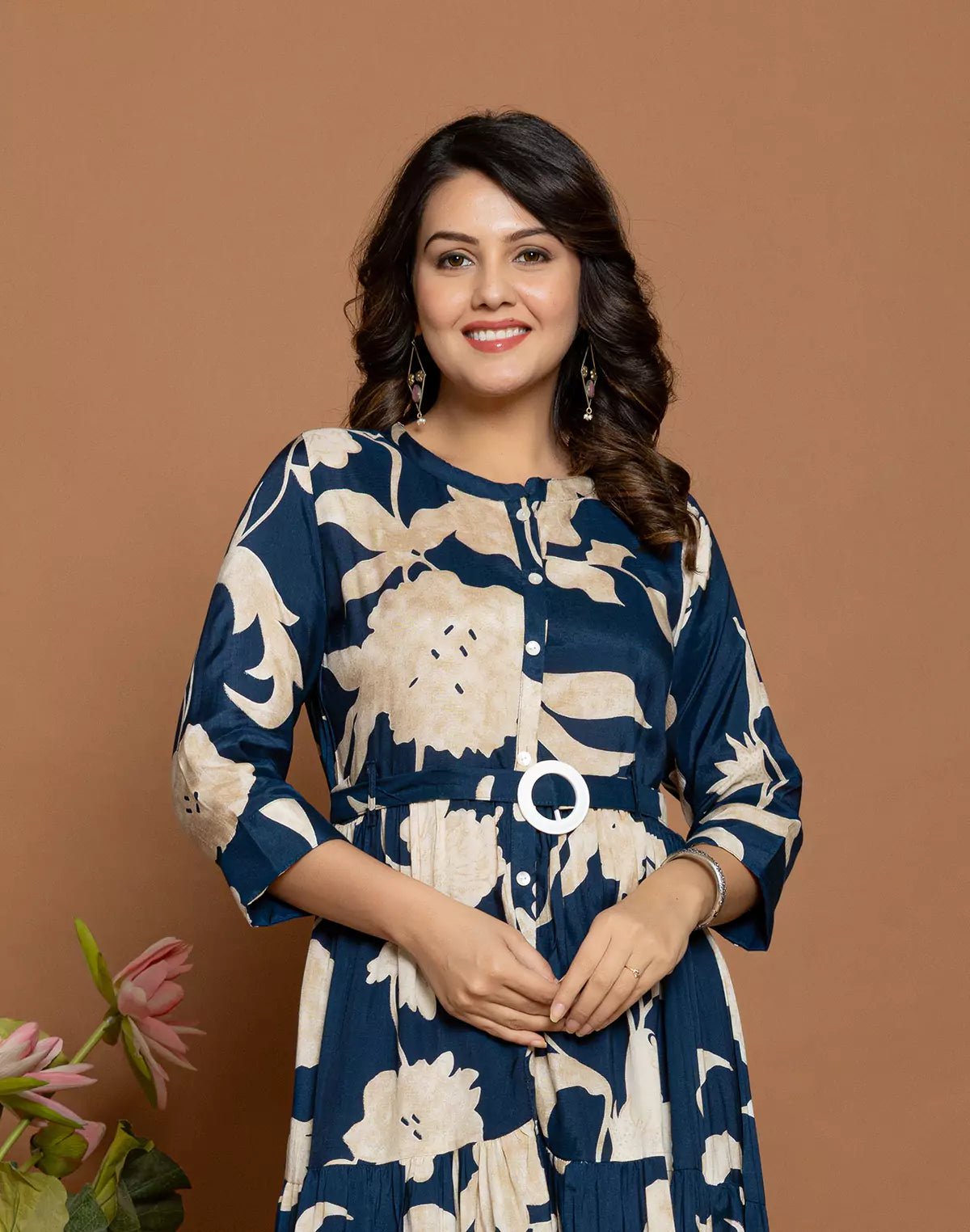 Image of Beautifully Floral Print Fully Flared Rayon Kurti with Belt - South India Shopping Mall