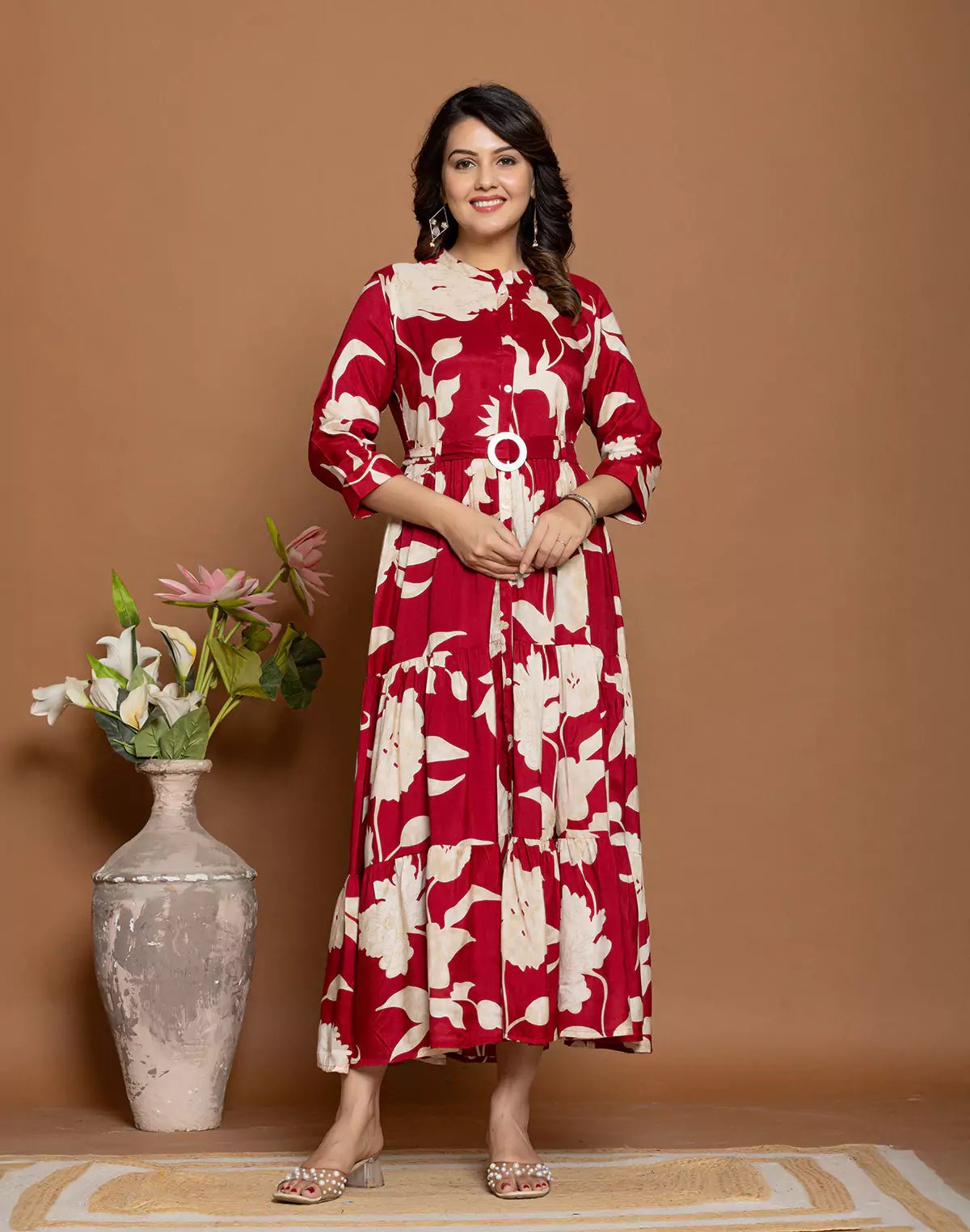 Image of Beautifully Floral Print Fully Flared Rayon Kurti with Belt - South India Shopping Mall